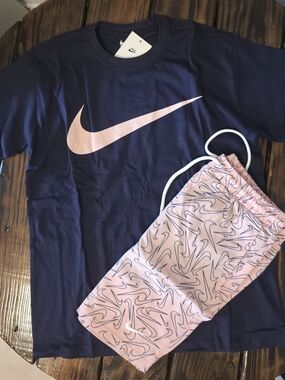Nike Navy Tee with Pink Swoosh & Pink Patterned Shorts (Small, Medium, 3XL)